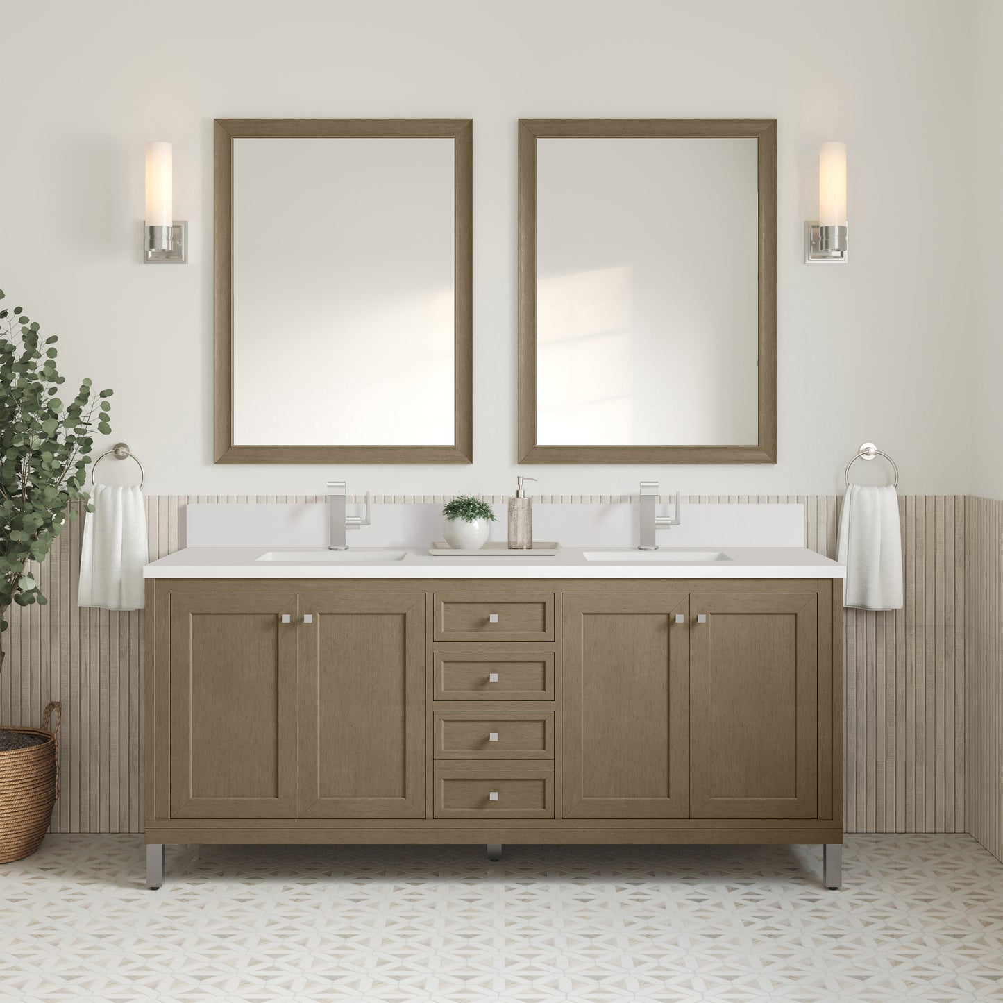 Renovate for Less Atlanta Chicago 72" Double Vanity, Walnut Whisper, w/ Single Hole 3CM White Zeus Silestone® Top & Backsplash
