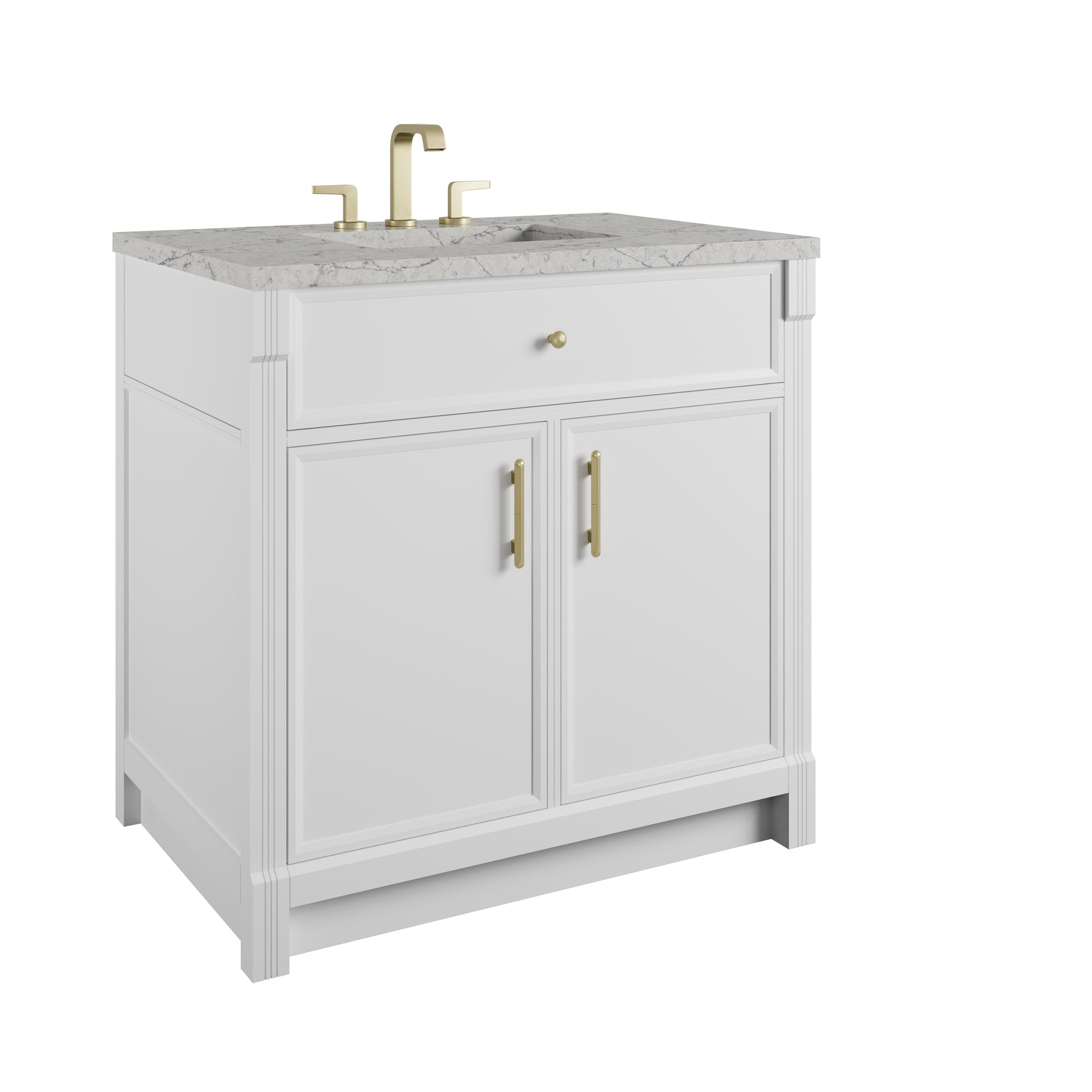Renovate for Less Atlanta Bellshire 36" Single Vanity, Bright White w/ 3 CM Eternal Jasmine Pearl Silestone Top