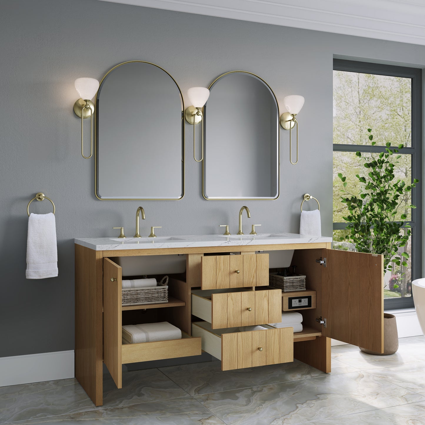 Renovate for Less Atlanta Hudson 60" Double Vanity, Light Natural Oak w/ 3 CM Ethereal Noctis Top w/FreePower Wireless Charger