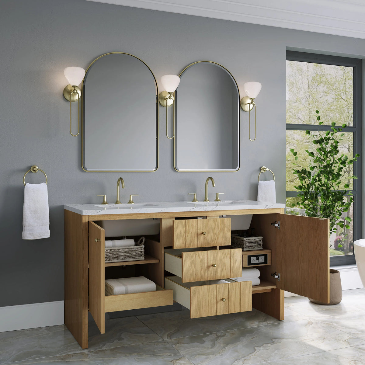 Hudson 60" Double Vanity, Light Natural Oak w/ 3 CM Ethereal Noctis Top w/FreePower Wireless Charger