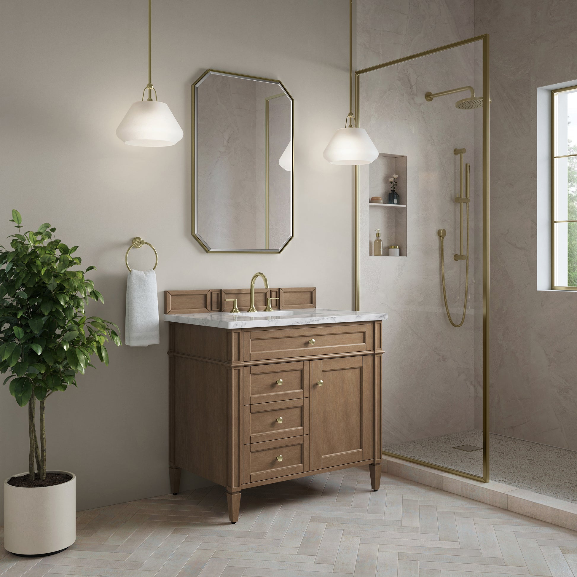 Renovate for Less Atlanta Brittany 36" Single Vanity, Pecan w/ 3 CM Carrara Marble Top