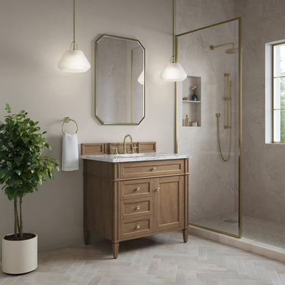 Renovate for Less Atlanta Brittany 36" Single Vanity, Pecan w/ 3 CM Carrara Marble Top