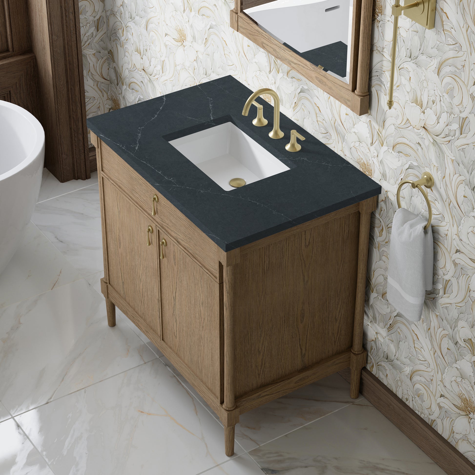 Renovate for Less Atlanta Kinnsden 36" Single Vanity, Weathered Oak w/ 3 CM Charcoal Soapstone Silestone Top
