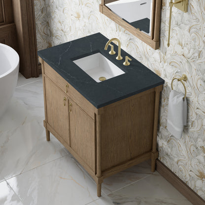 Renovate for Less Atlanta Kinnsden 36" Single Vanity, Weathered Oak w/ 3 CM Charcoal Soapstone Silestone Top