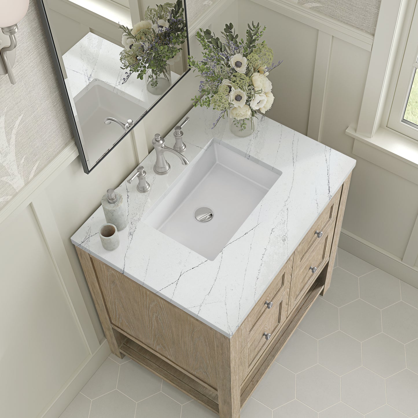 Renovate for Less Atlanta Breckenridge 30" Single Vanity, Whitewashed Oak w/ 3 CM Ethereal Noctis Silestone Top