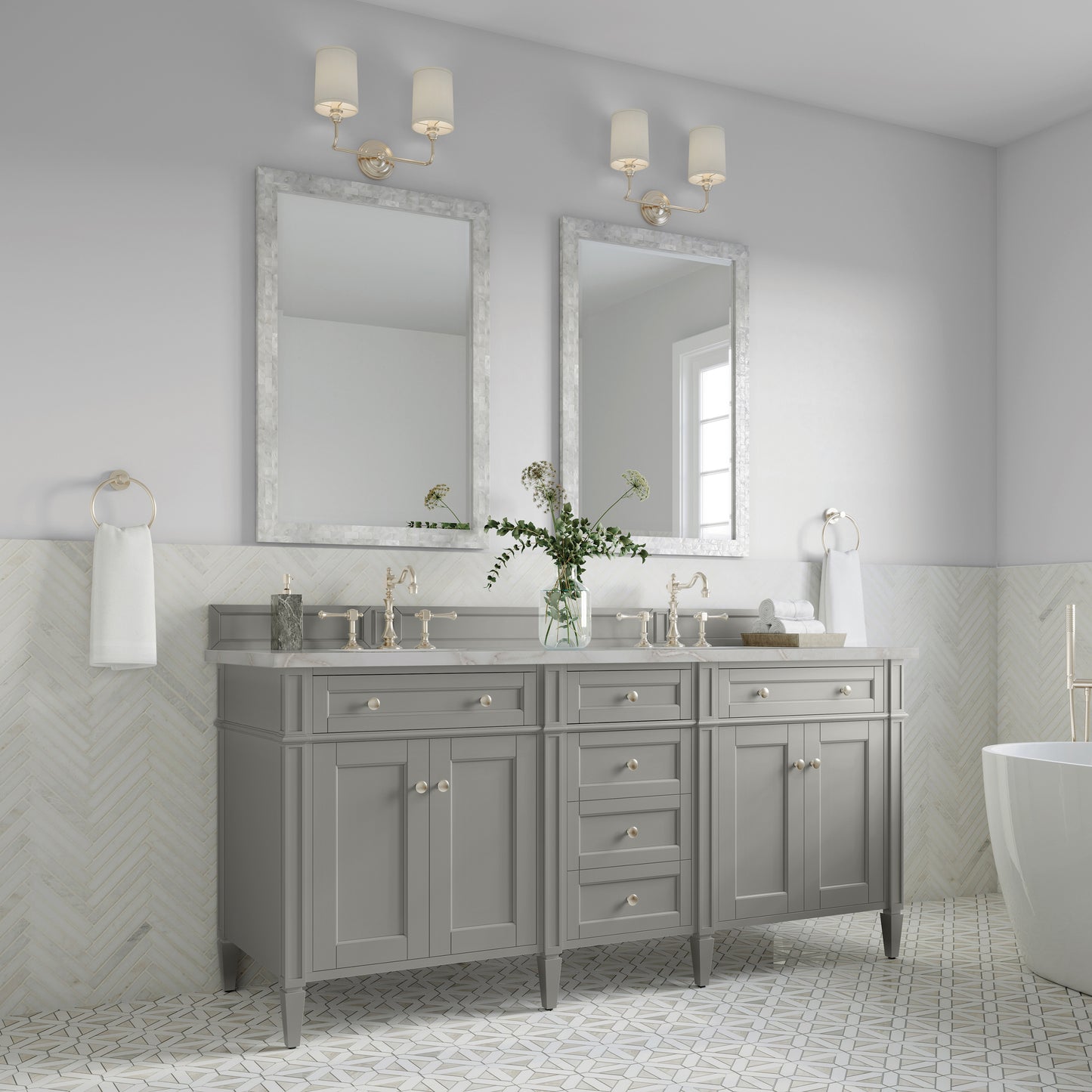 Renovate for Less Atlanta Brittany 72" Double Vanity, Urban Gray w/ 3 CM Victorian Silver Silestone Top