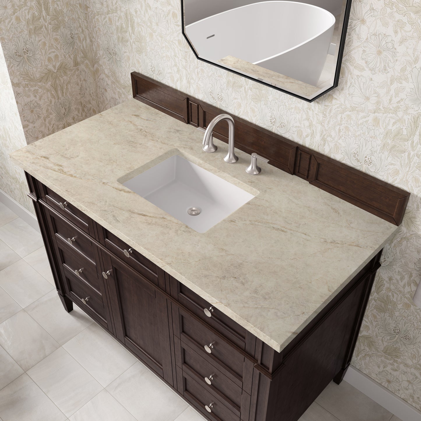 Renovate for Less Atlanta Brittany 48" Single Vanity, Burnished Mahogany, w/ 3 CM Tajnar Eclos Top