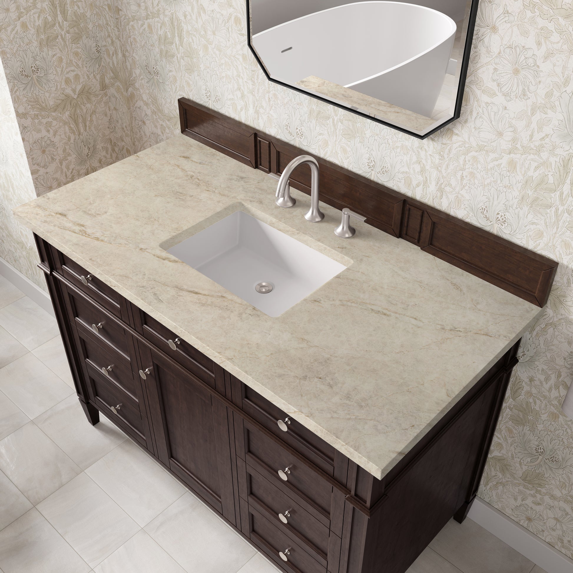 Renovate for Less Atlanta Brittany 48" Single Vanity, Burnished Mahogany, w/ 3 CM Tajnar Eclos Top