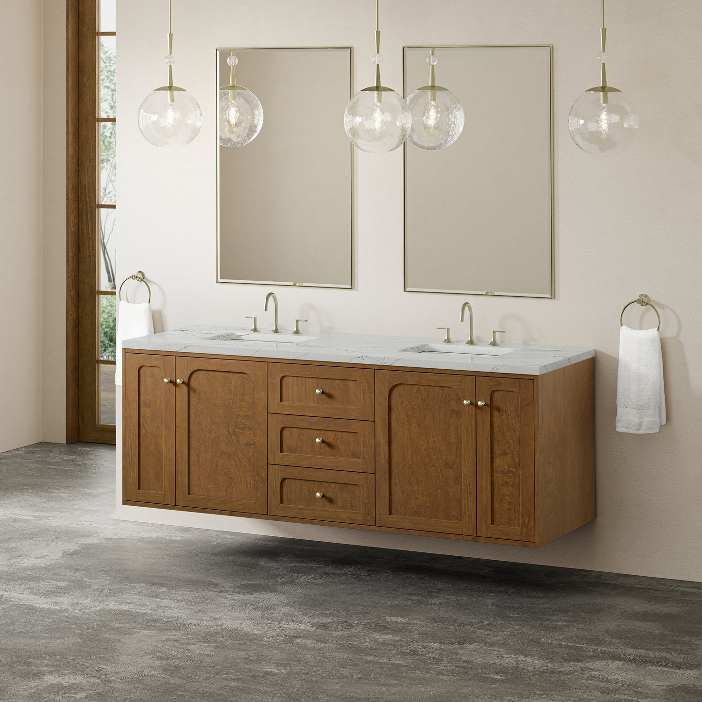 Renovate for Less Atlanta Laurent 72" Double Vanity, Honey Oak w/ 3 CM Ethereal Noctis Silestone Top w/FreePower Wireless Charger