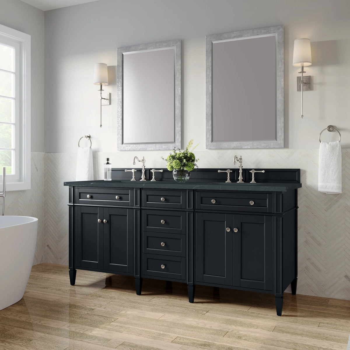 Brittany 72" Double Vanity, Black Onyx w/ 3 CM Charcoal Soapstone Silestone Top
