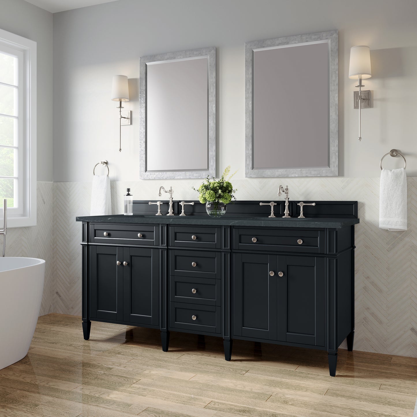 Renovate for Less Atlanta Brittany 72" Double Vanity, Black Onyx w/ 3 CM Charcoal Soapstone Silestone Top