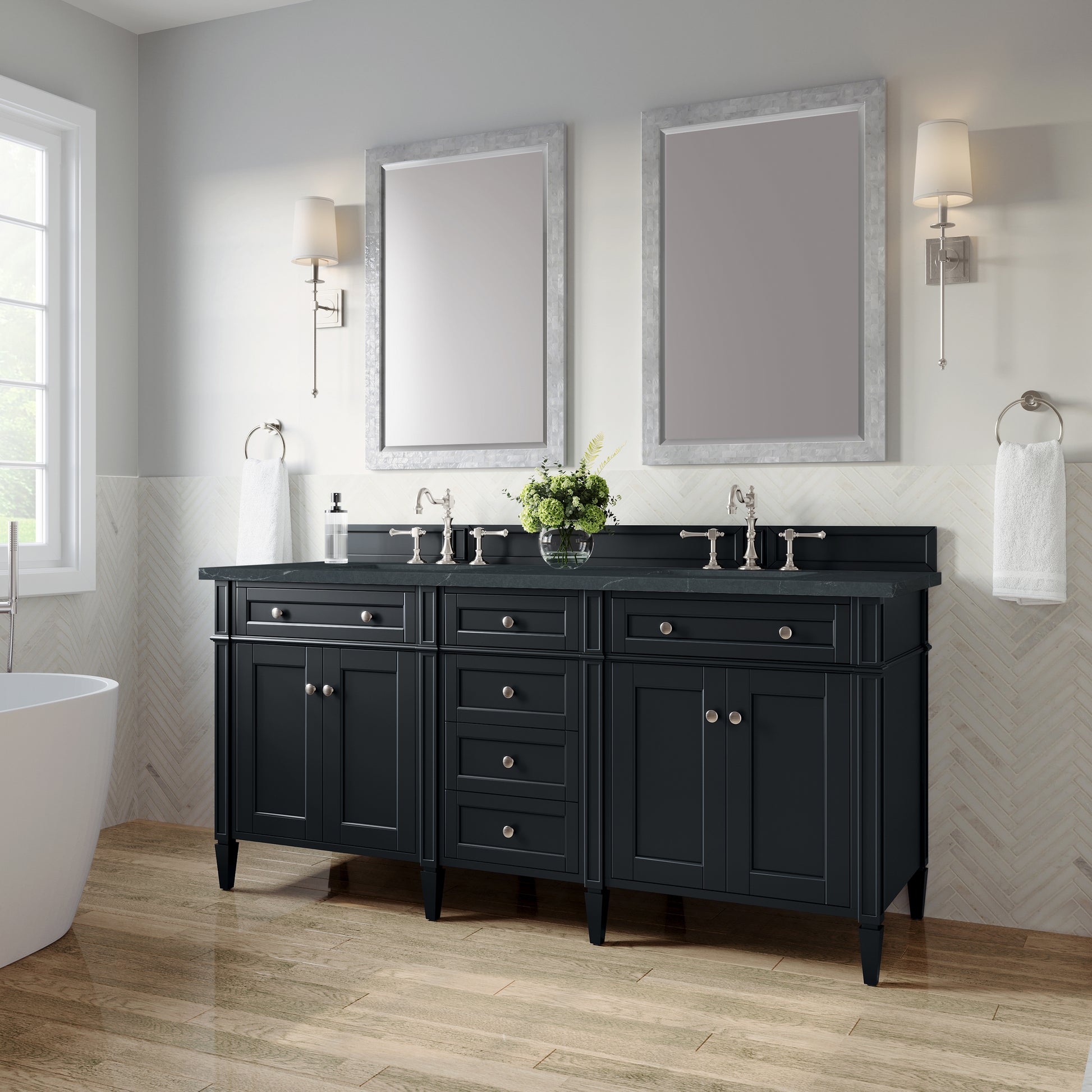 Renovate for Less Atlanta Brittany 72" Double Vanity, Black Onyx w/ 3 CM Charcoal Soapstone Silestone Top