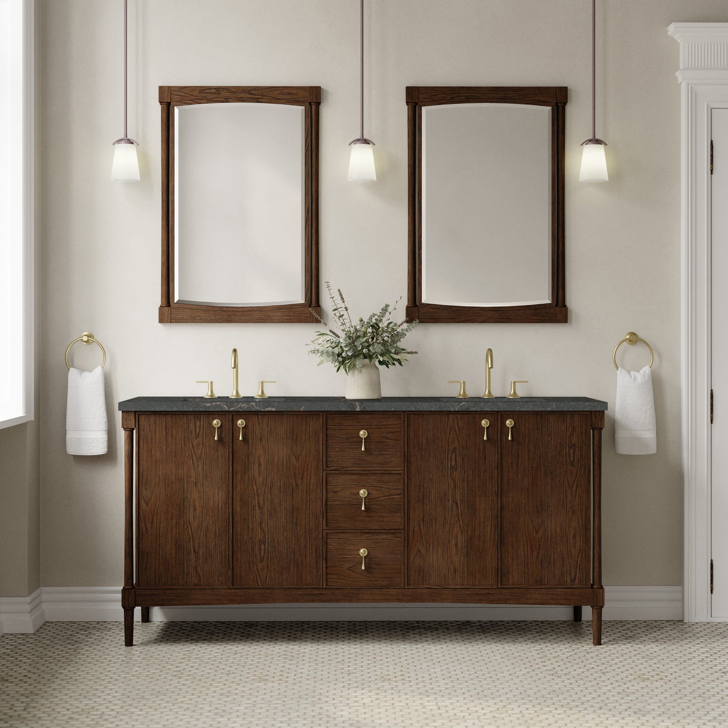 Renovate for Less Atlanta Kinnsden 72" Double Vanity, Sable Oak w/ 3 CM Parisien Bleu Silestone Top
