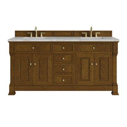 Renovate for Less Atlanta Brookfield 72" Double Vanity, Honey Oak w/ 3 CM Victorian Silver Silestone Top w/ FreePower Wireless Charger