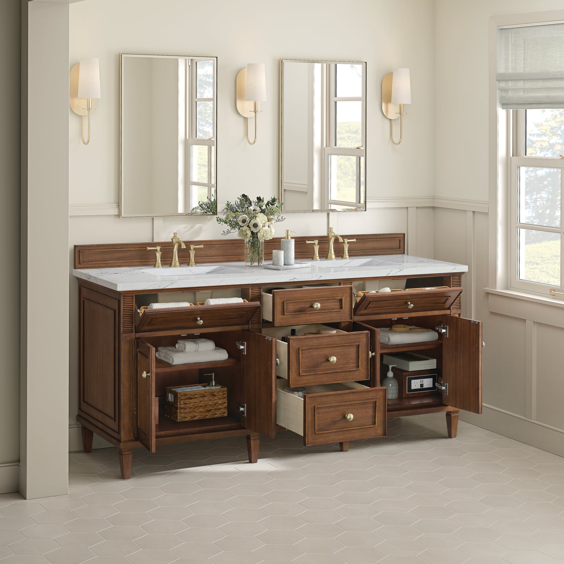 Renovate for Less Atlanta Lorelai 72"Double Vanity, Mid-Century Walnut w/ 3 CM Ethereal Noctis Silestone Top w/FreePower Wireless Charger