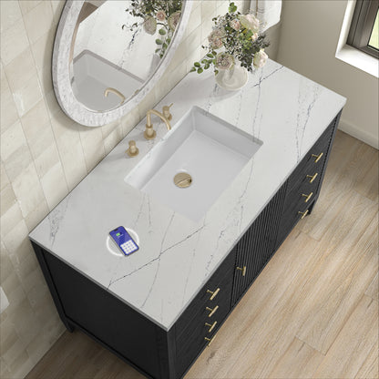 Renovate for Less Atlanta Myrrin 48" Single Vanity, Carbon Oak w/ 3 CM Ethereal Noctis Silestone Top w/FreePower Wireless Charger