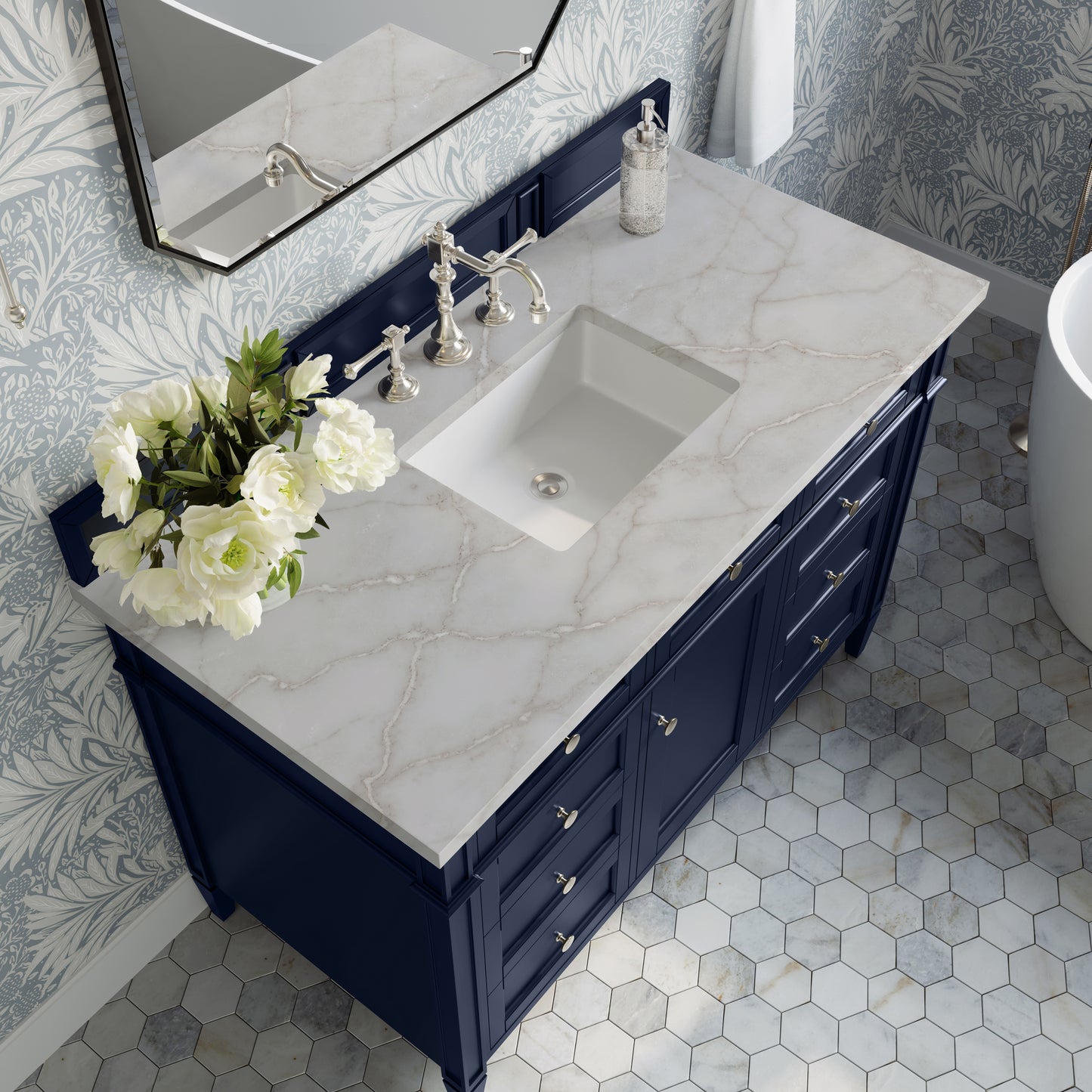 Renovate for Less Atlanta Brittany 48" Single Vanity, Victory Bleu w/ 3 CM Victorian Silver Silestone Top