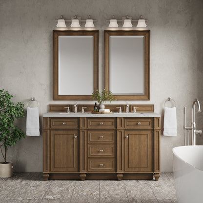 Renovate for Less Atlanta Bristol 60" Double Vanity, Saddle Brown w/ 3 CM Eternal Jasmine Pearl Silestone Top
