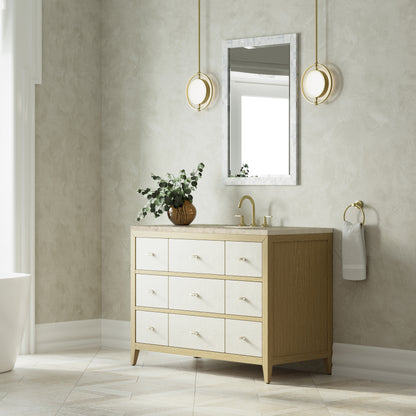 Renovate for Less Atlanta Celeste 48" Single Vanity, Sunwashed Oak with Embossed Shagreen, w/ 3 CM Tajnar Eclos Top w/FreePower Wireless Charger