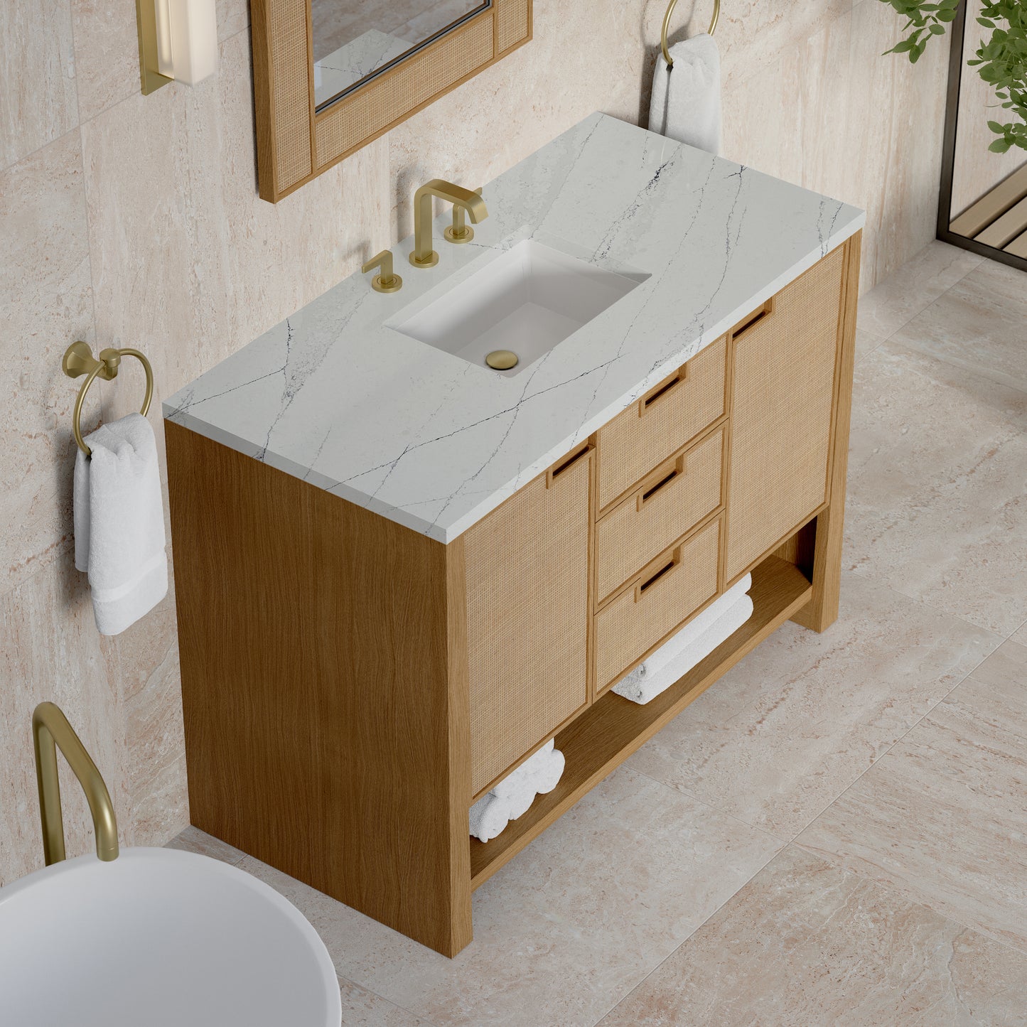 Renovate for Less Atlanta Solene 48" Single Vanity, Seaside Oak, w/ 3 CM Ethereal Noctis Quartz Top