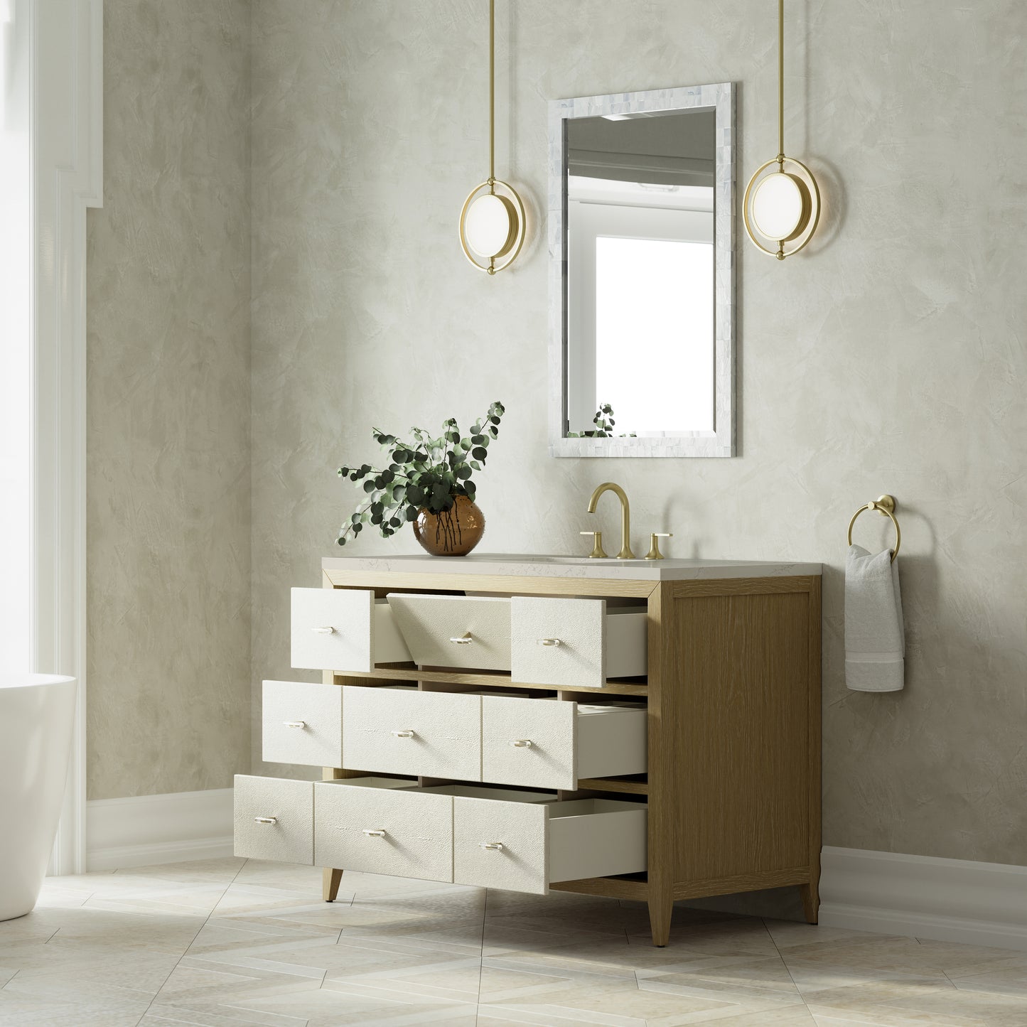 Renovate for Less Atlanta Celeste 48" Single Vanity, Sunwashed Oak with Embossed Shagreen, w/ 3 CM Siberian Silestone Top w/FreePower Wireless Charger
