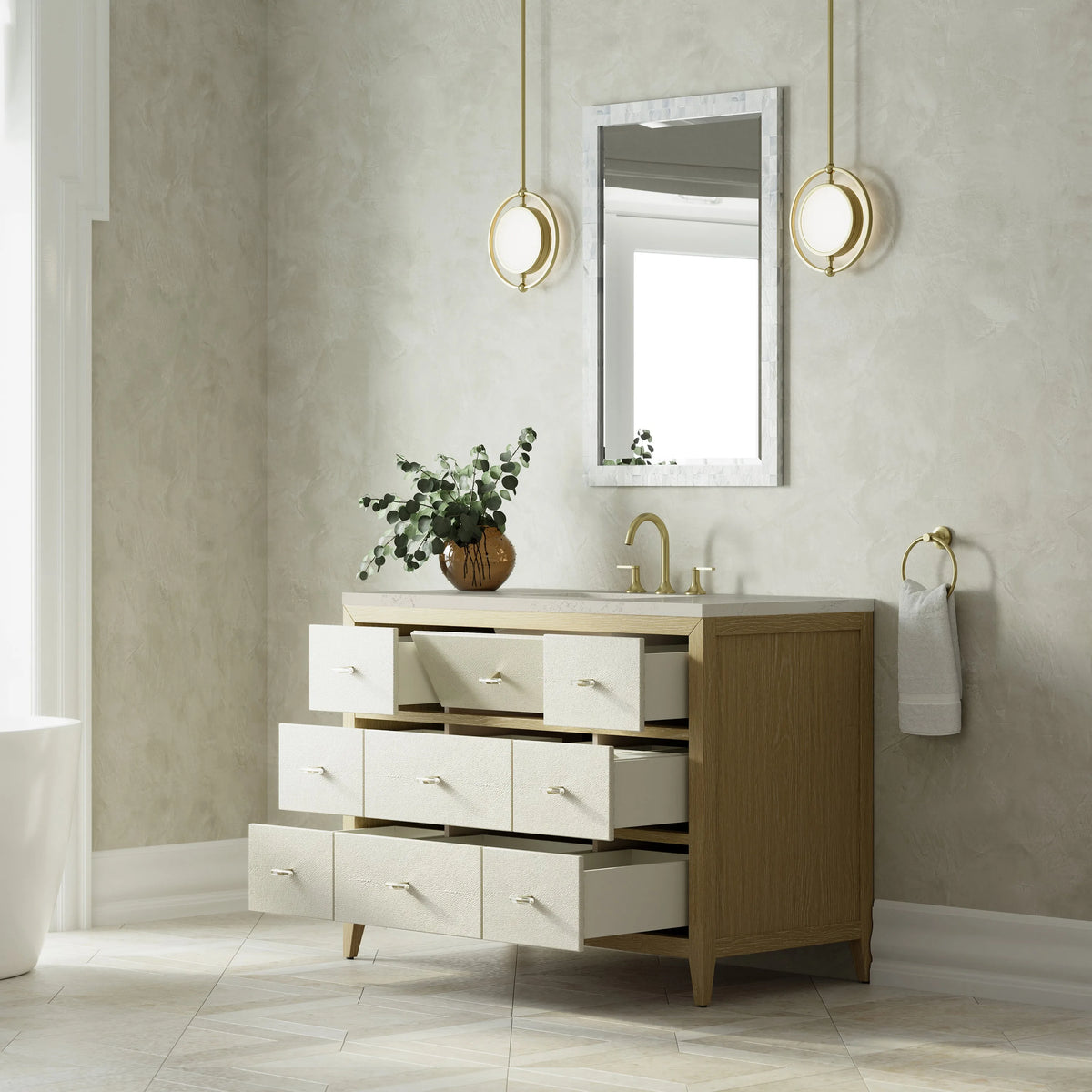 Celeste 48" Single Vanity, Sunwashed Oak with Embossed Shagreen, w/ 3 CM Siberian Silestone Top