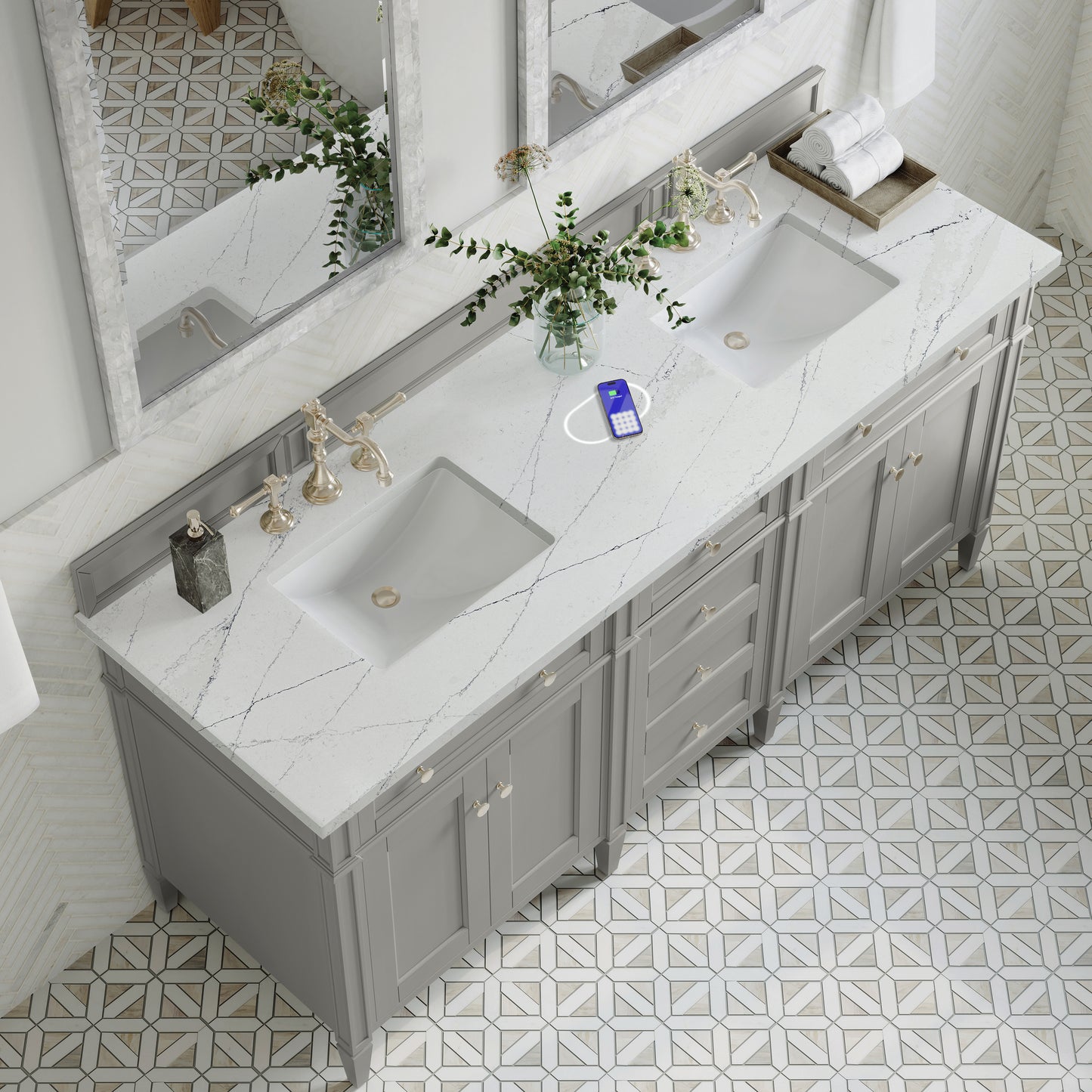 Renovate for Less Atlanta Brittany 72" Double Vanity, Urban Gray w/ 3 CM Ethereal Noctis Silestone Top w/FreePower Wireless Charger