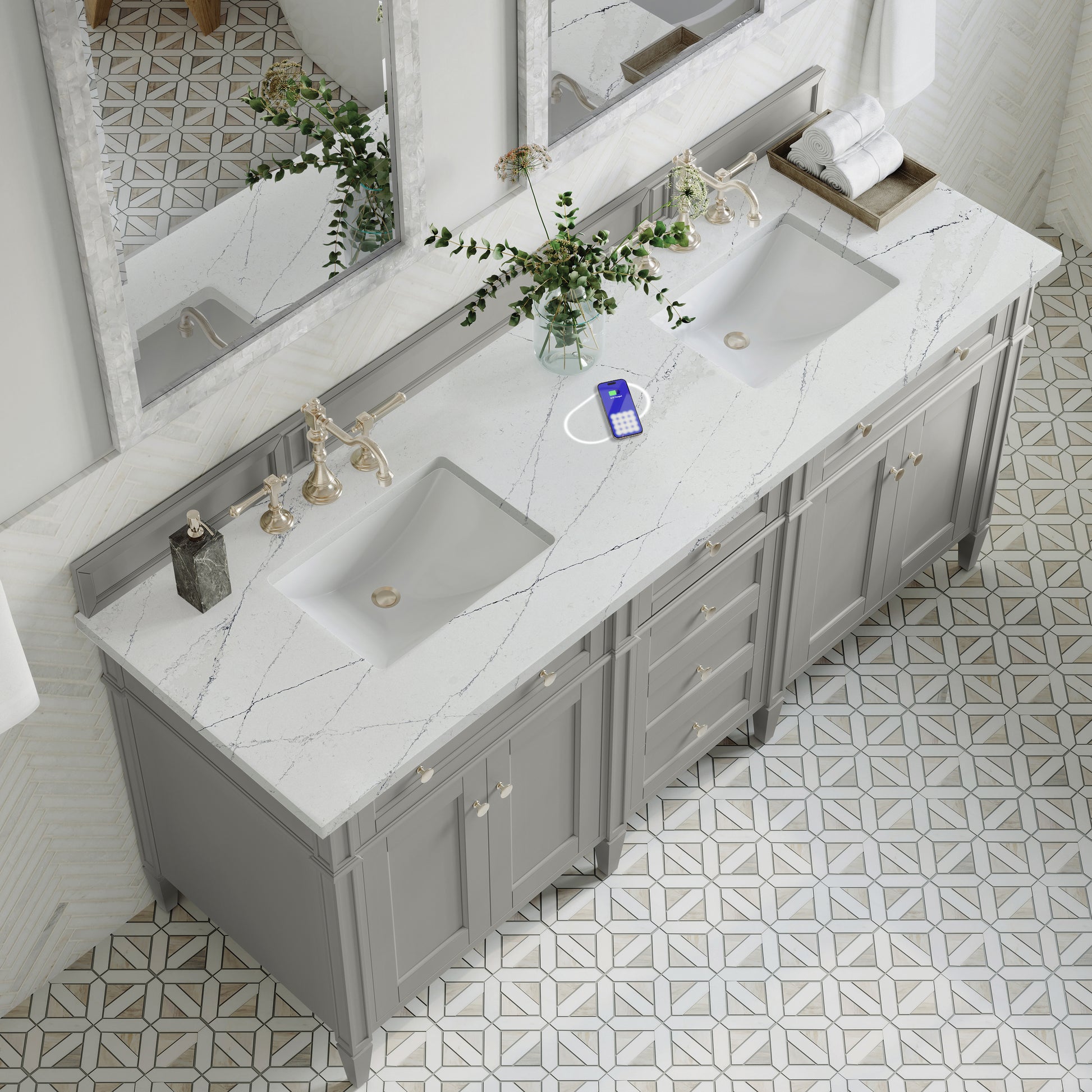 Renovate for Less Atlanta Brittany 72" Double Vanity, Urban Gray w/ 3 CM Ethereal Noctis Silestone Top w/FreePower Wireless Charger