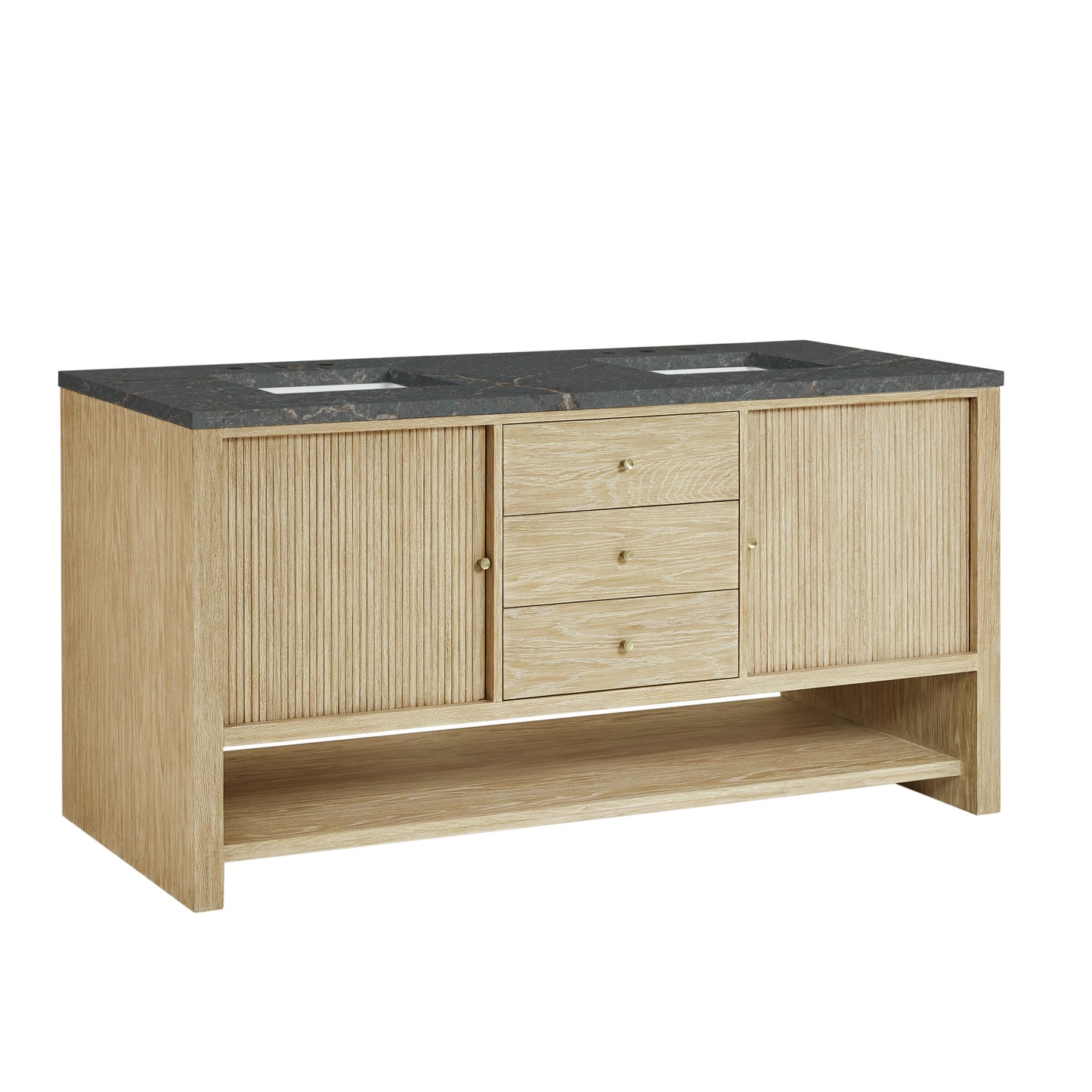 Renovate for Less Atlanta Marigot 72" Double Vanity, Sunwashed Oak w/ 3 CM Parisien Bleu Silestone Top w/ FreePower Wireless Charger