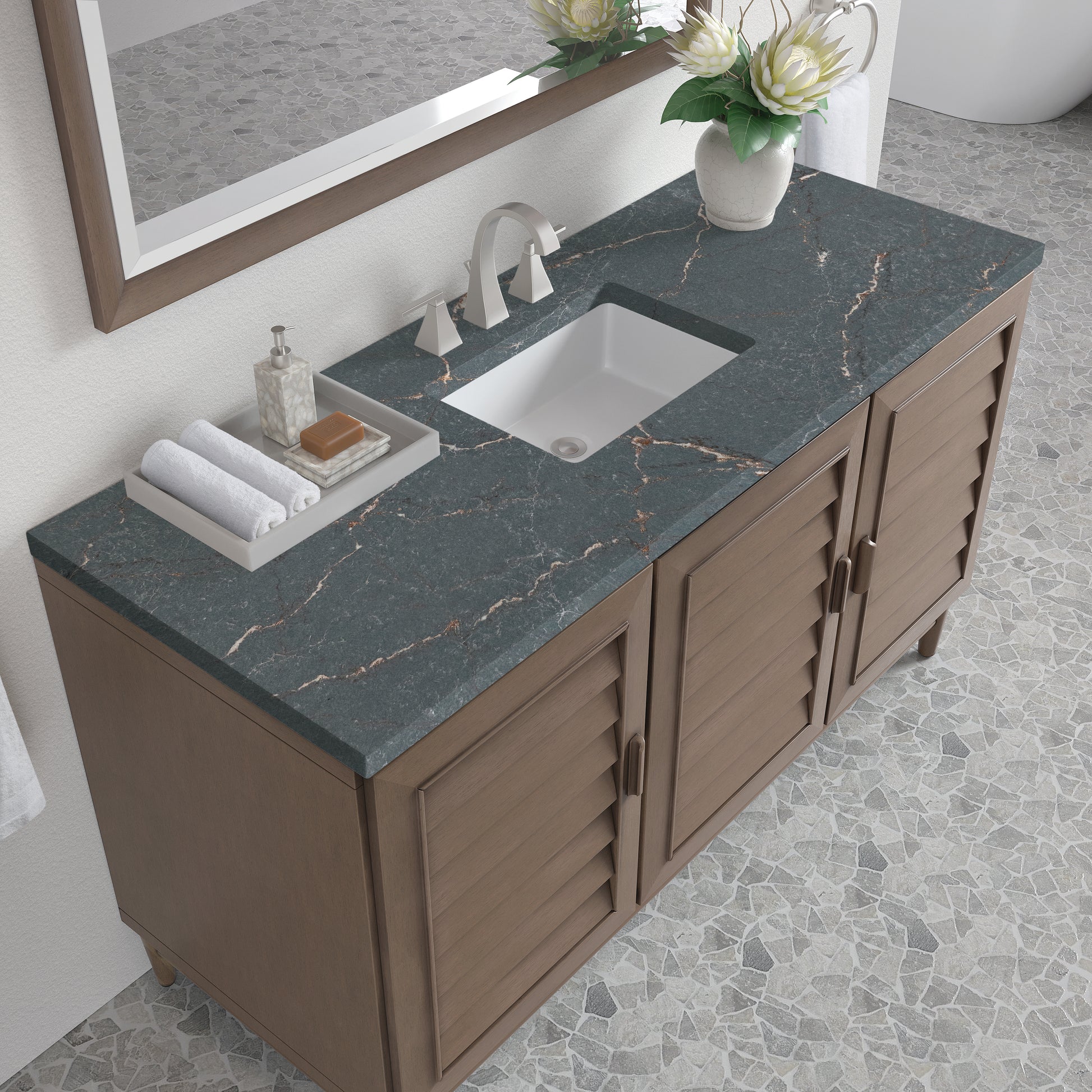 Renovate for Less Atlanta Portland 60" Single Vanity Whitewashed Walnut w/ 3 CM Parisien Bleu Silestone Top w/FreePower Wireless Charger