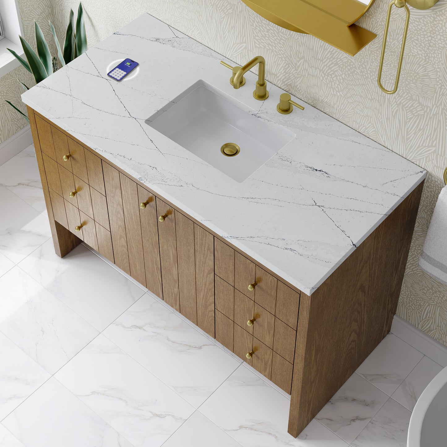 Renovate for Less Atlanta Hudson 48" Single Vanity, Honey Oak w/ 3 CM Ethereal Noctis Silestone Top w/FreePower Wireless Charger