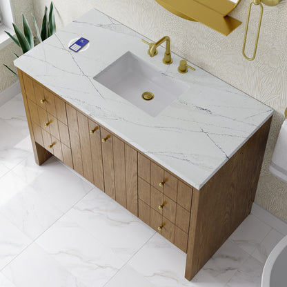 Renovate for Less Atlanta Hudson 48" Single Vanity, Honey Oak w/ 3 CM Ethereal Noctis Silestone Top w/FreePower Wireless Charger