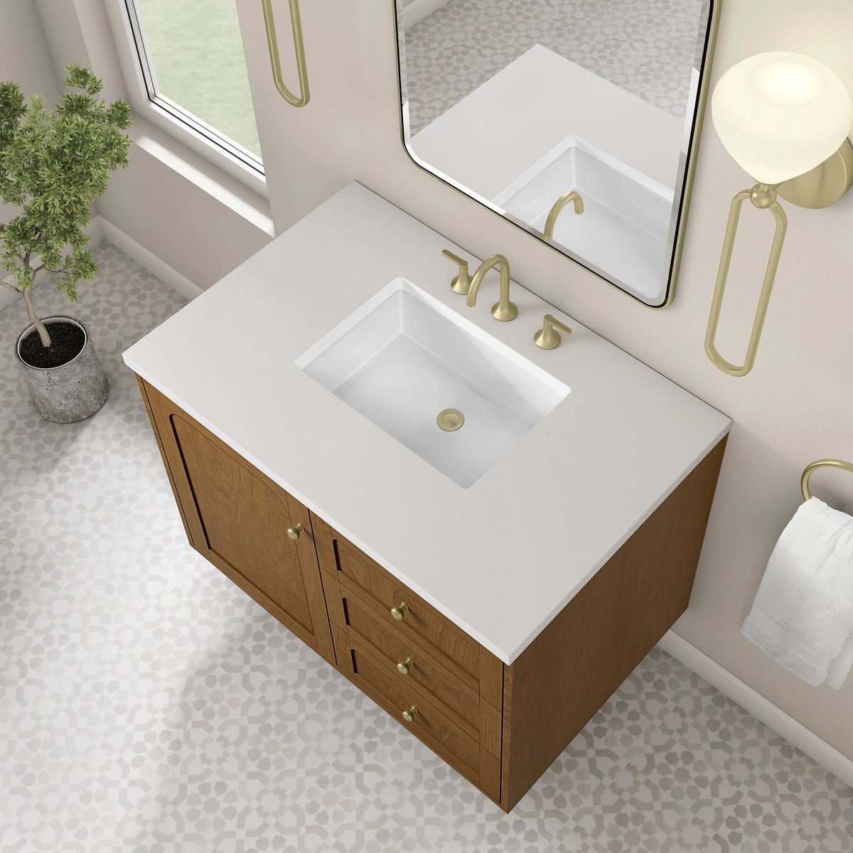 Laurent 36" Single Vanity, Honey Oak w/ 3 CM White Zeus Silestone Top