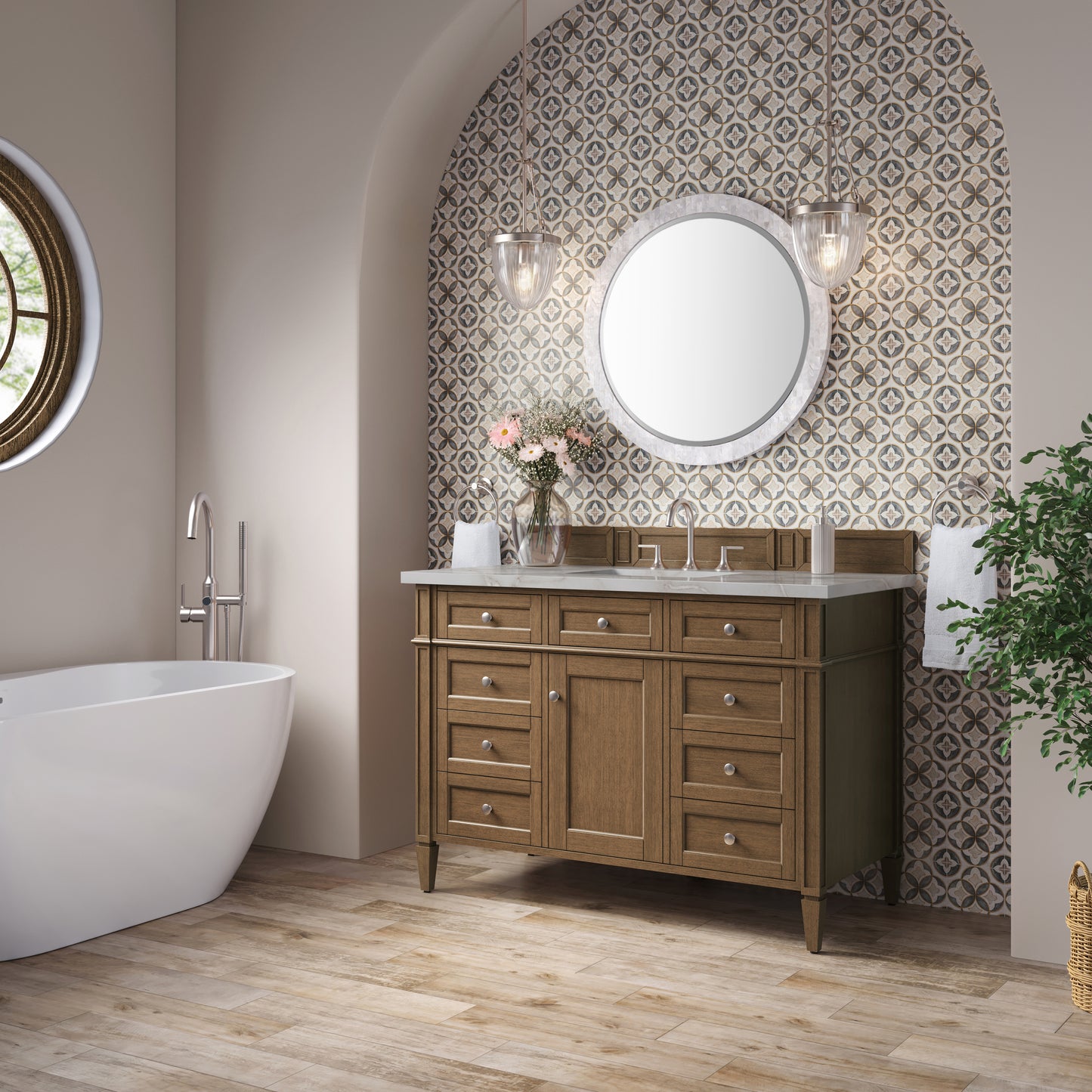 Renovate for Less Atlanta Brittany 48" Single Vanity, Saddle Brown w/ 3 CM Victorian Silver Silestone Top