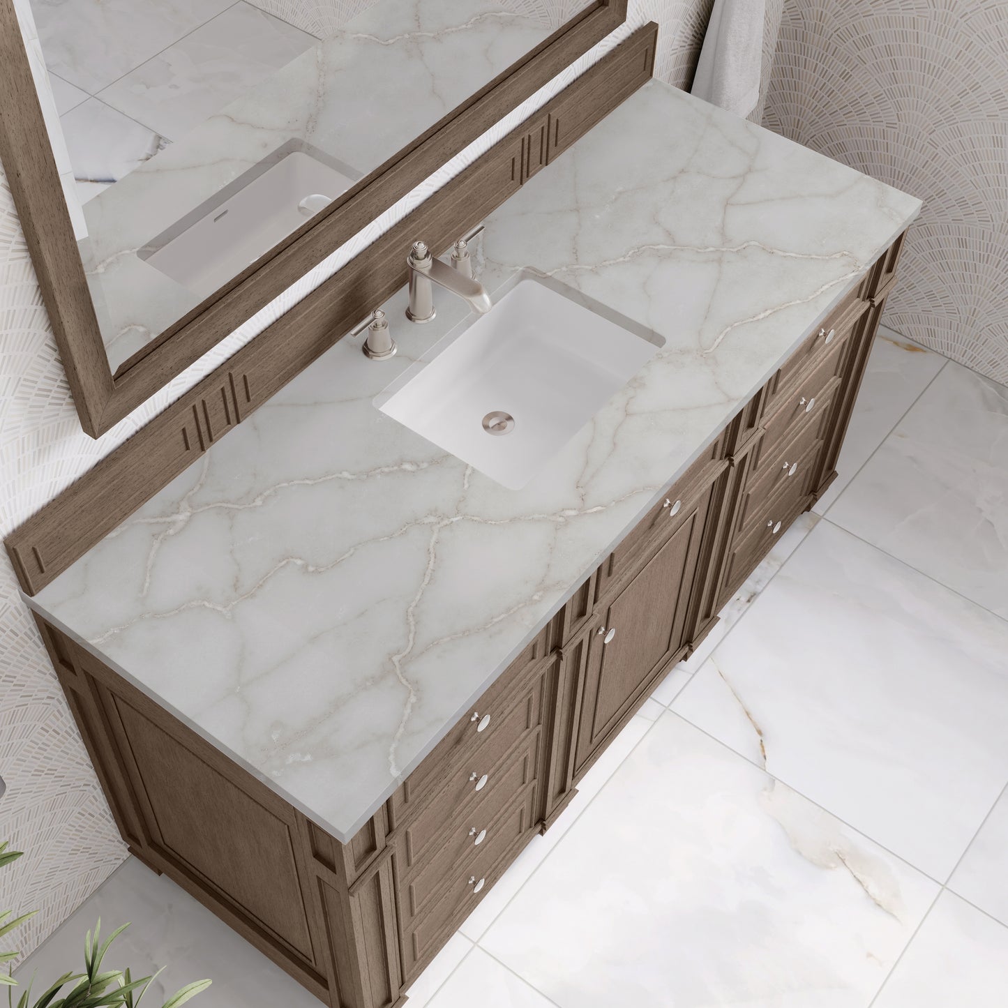 Renovate for Less Atlanta Bristol 60" Single Vanity, Whitewashed Walnut w/ 3 CM Victorian Silver Silestone Top