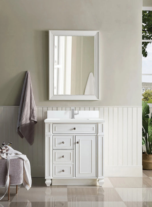 Bristol 30" Single Vanity, Bright White w/ Single Hole 3 CM White Zeus Silestone Top & Backsplash