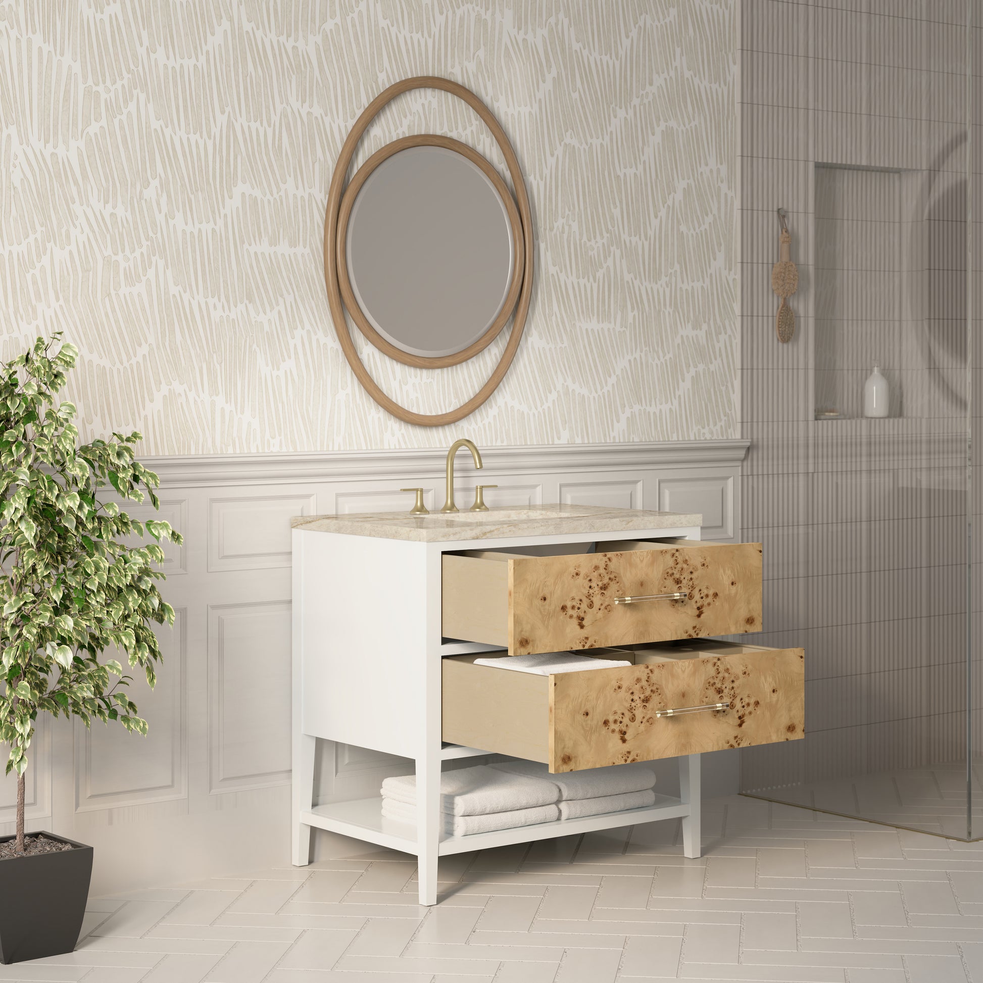 Renovate for Less Atlanta Olena 36" Single Vanity, Light Mappa Burl and Polished White, w/ 3 CM Tajnar Eclos Top
