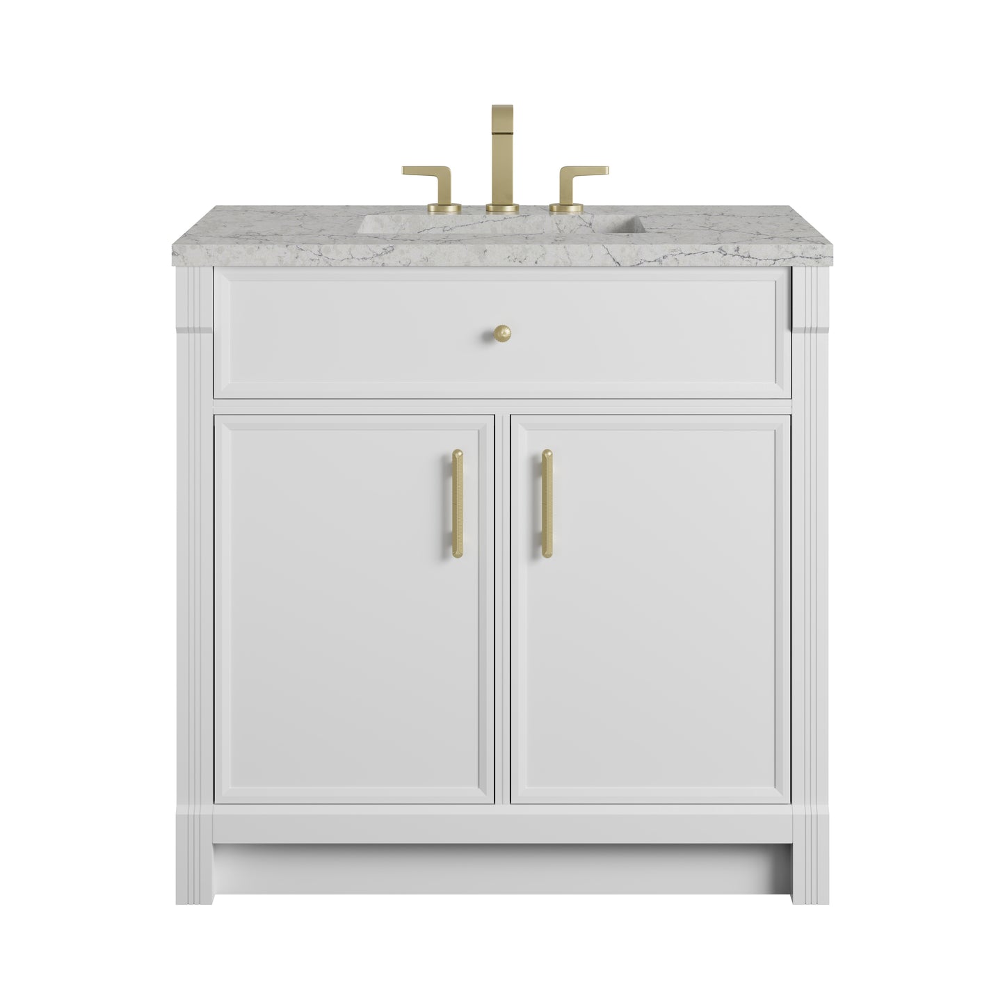 Renovate for Less Atlanta Bellshire 36" Single Vanity, Bright White w/ 3 CM Eternal Jasmine Pearl Silestone Top