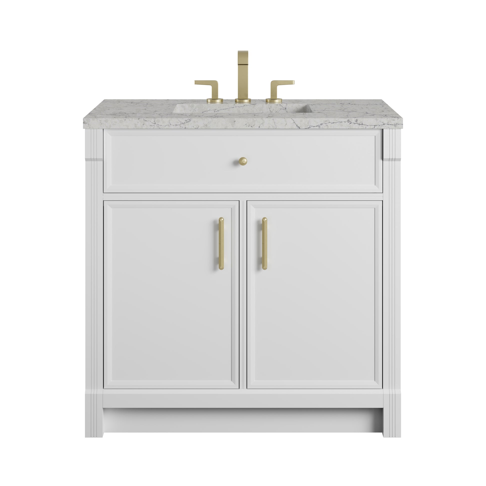 Renovate for Less Atlanta Bellshire 36" Single Vanity, Bright White w/ 3 CM Eternal Jasmine Pearl Silestone Top