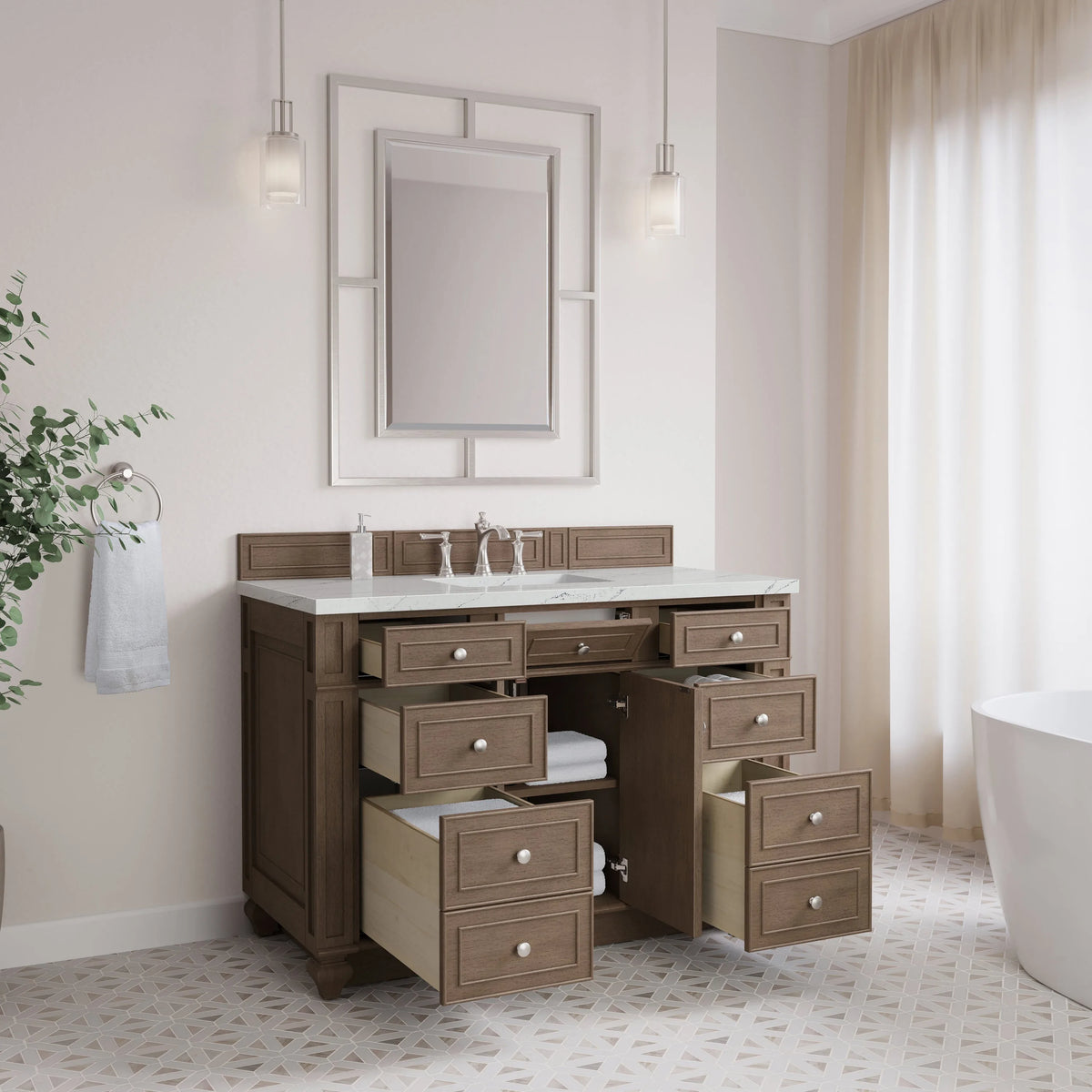 Bristol 48" Single Vanity, Whitewashed Walnut w/ 3 CM Ethereal Noctis Silestone Top