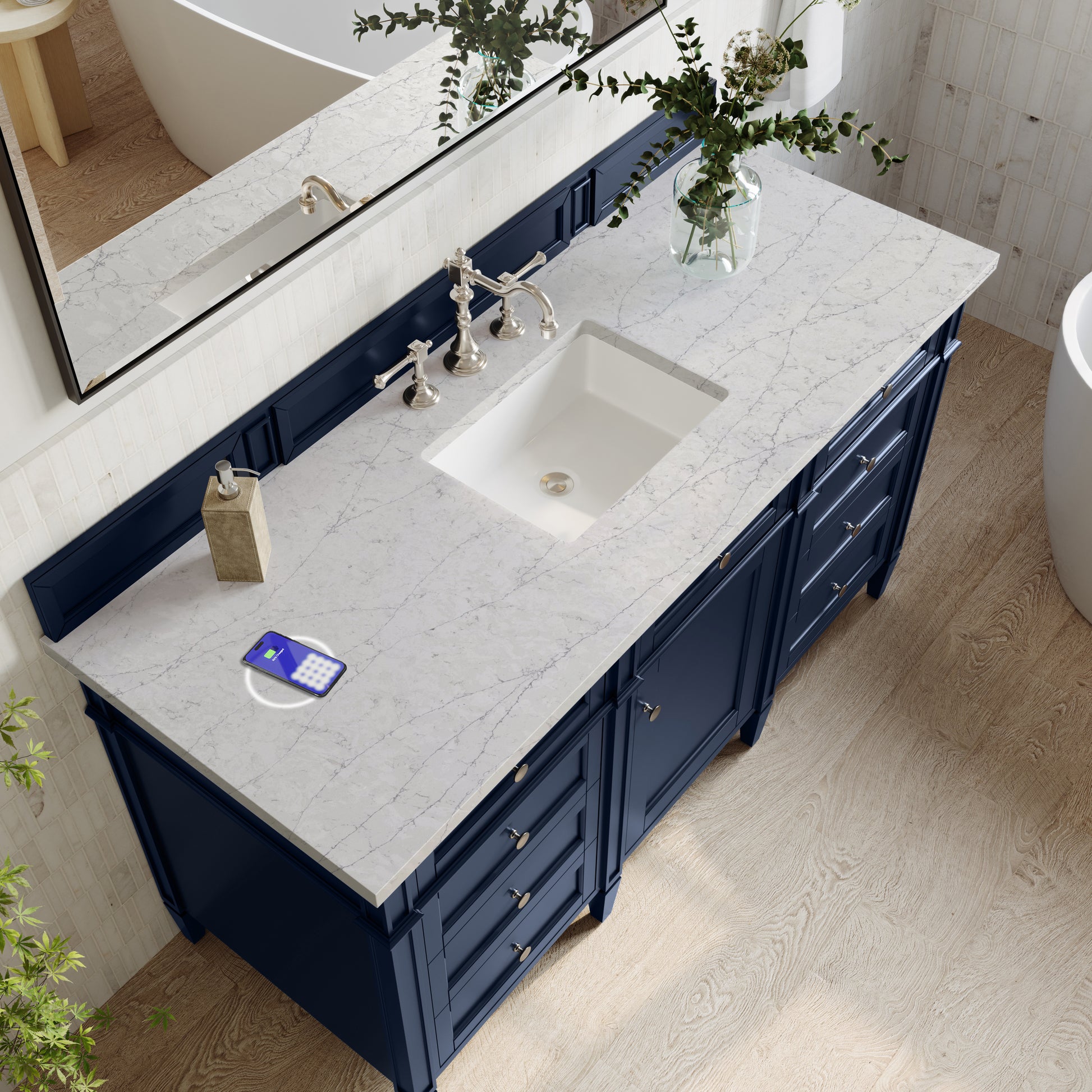 Renovate for Less Atlanta Brittany 60" Single Vanity, Victory Blue w/ 3 CM Eternal Jasmine Pearl Silestone Top w/FreePower Wireless Charger