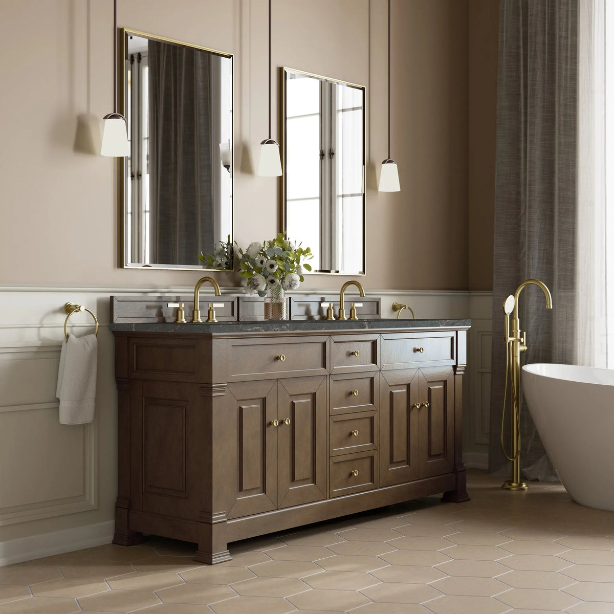 Brookfield 72" Double Vanity, Pecan w/ 3 CM Parisien Bleu Silestone Top w/ FreePower Wireless Charger