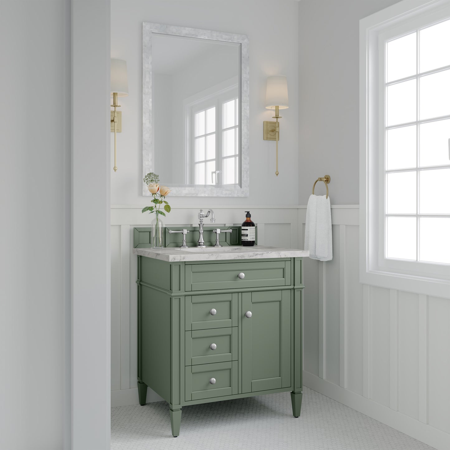 Renovate for Less Atlanta Brittany 30" Single Vanity, Smokey Celadon w/ 3 CM Carrara Marble Top
