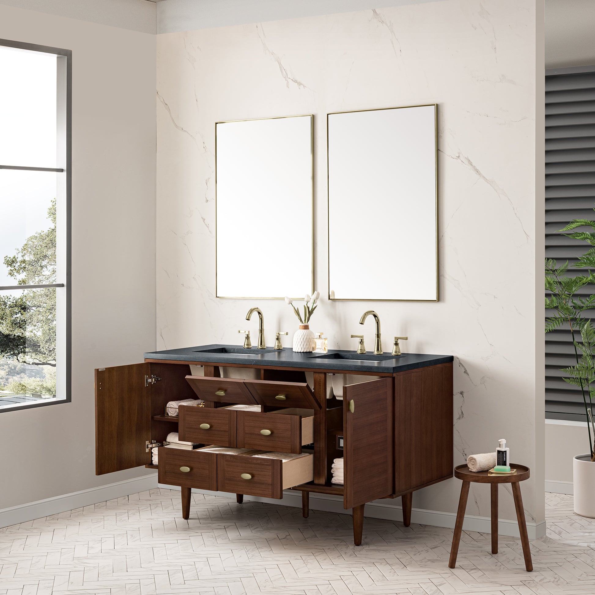 Renovate for Less Atlanta Amberly 60" Double Vanity, Mid-Century Walnut w/ 3 CM Charcoal Soapstone Top