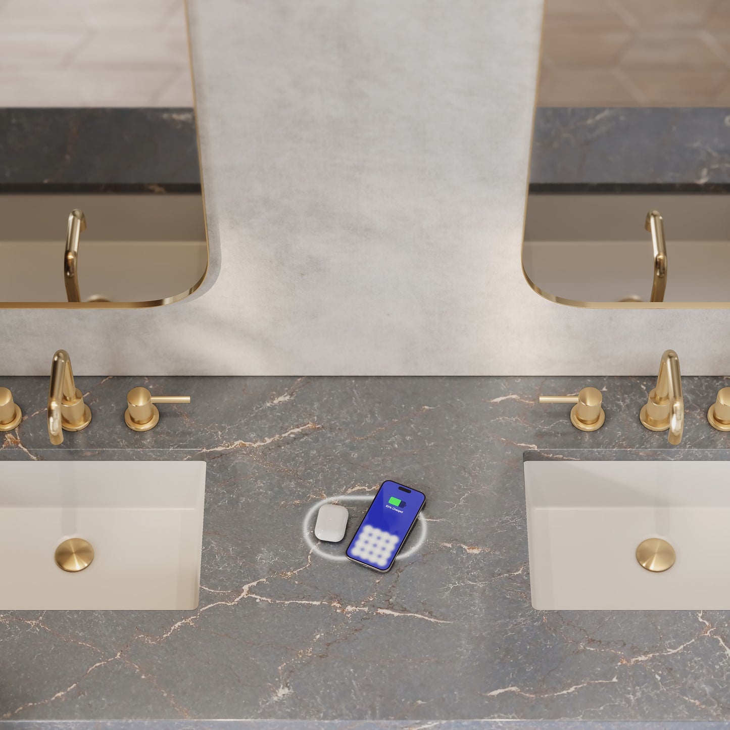 Renovate for Less Atlanta Brittany 72" Double Vanity, Urban Gray w/ 3 CM Parisien Bleu Silestone Top w/FreePower Wireless Charger