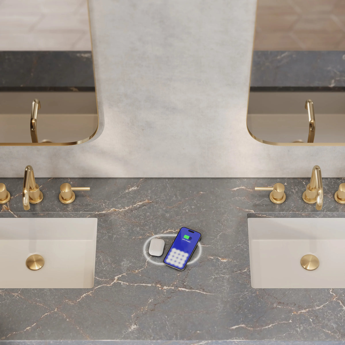Amberly 72" Double Vanity, Mid-Century Walnut w/ 3 CM Parisien Bleu Top w/FreePower Wireless Charger