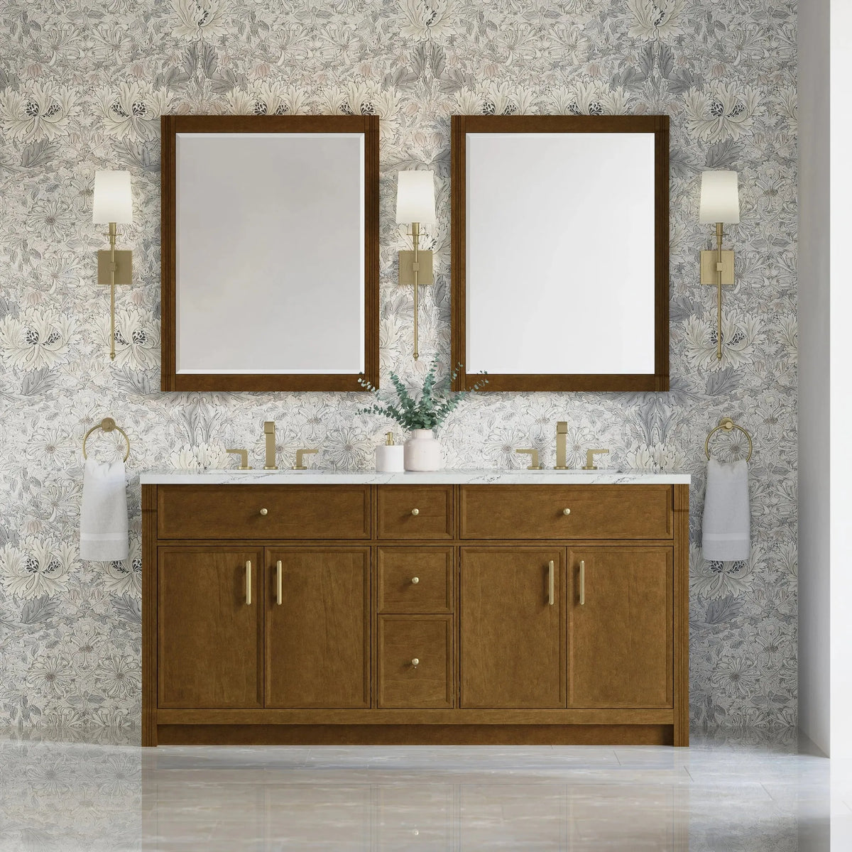 Bellshire 72" Double Vanity, Honey Oak w/ 3 CM Ethereal Noctis Silestone Top w/FreePower Wireless Charger