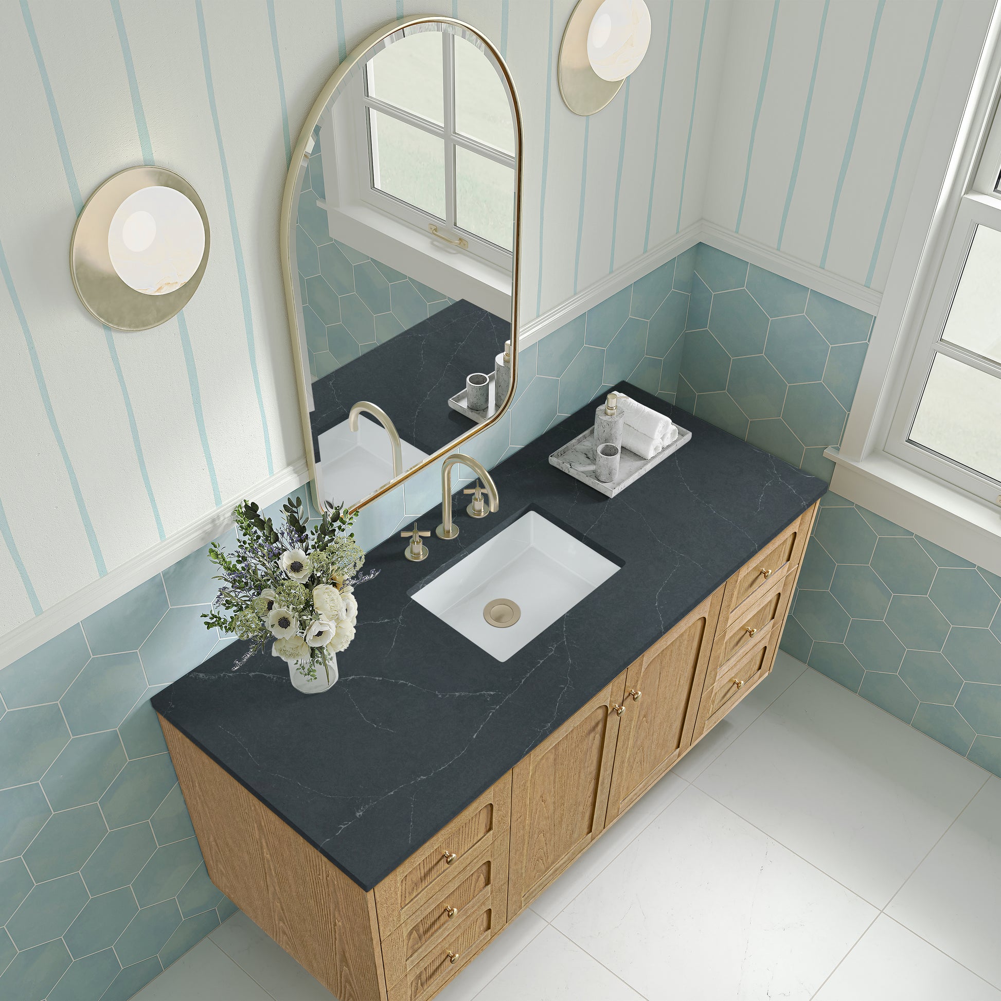 Renovate for Less Atlanta Laurent 60" Single Vanity, Light Natural Oak, w/ 3 CM Charcoal Soapstone Quartz Top