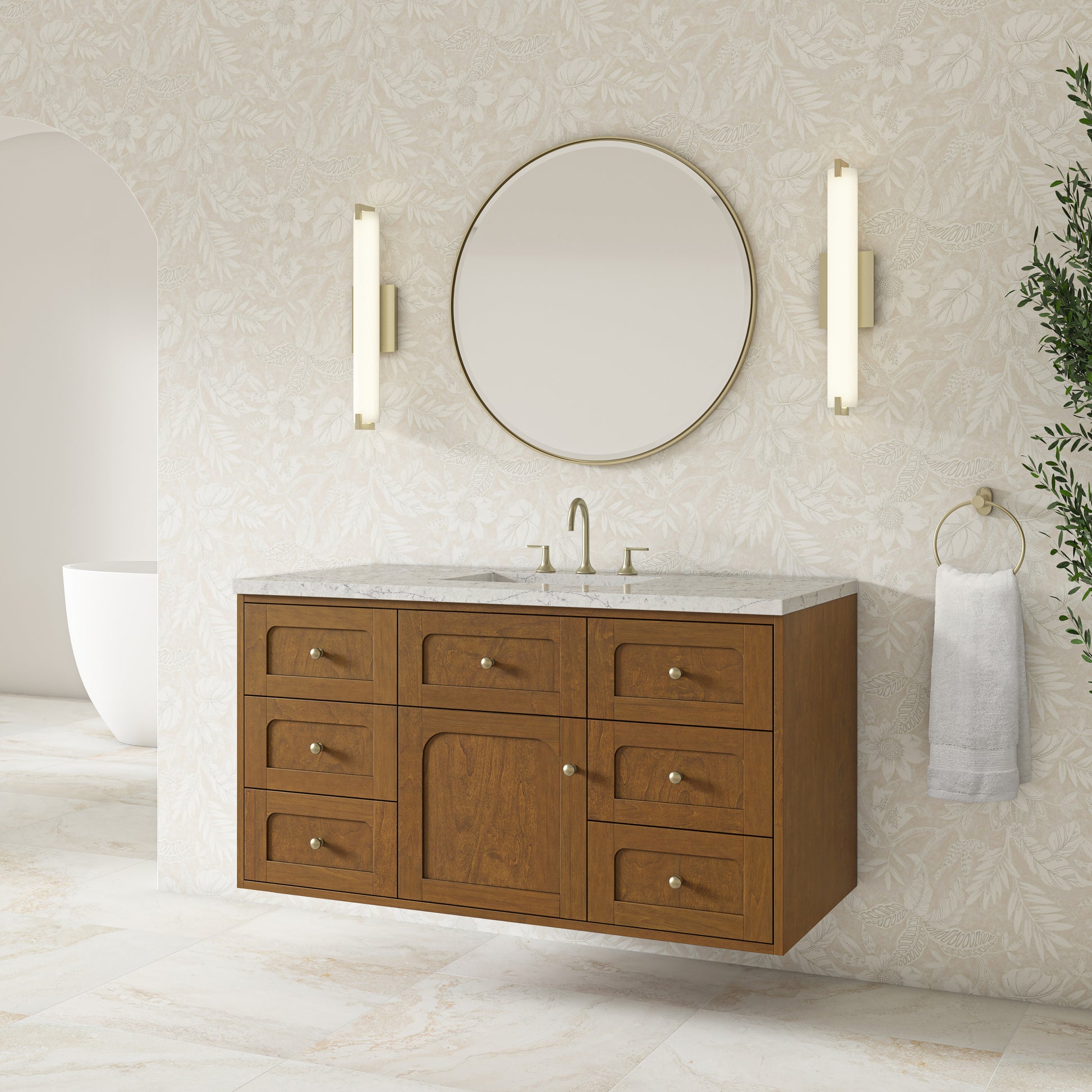 Renovate for Less Atlanta Laurent 48" Single Vanity, Honey Oak w/ 3 CM Eternal Jasmine Pearl Silestone Top w/FreePower Wireless Charger