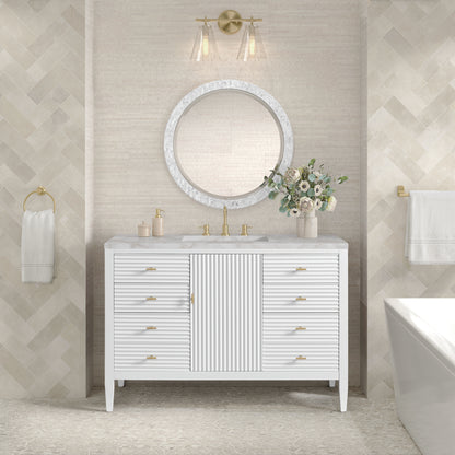 Renovate for Less Atlanta Myrrin 48" Single Vanity, Bright White w/ 3 CM Victorian Silver Silestone Top